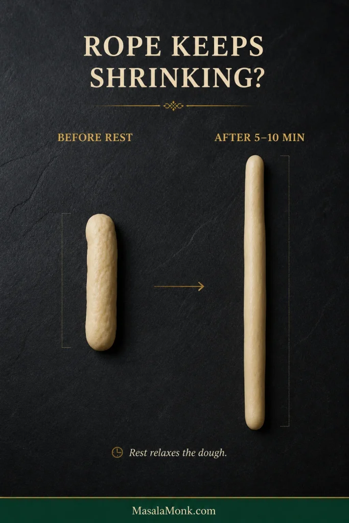 The same amount of pretzel dough before and after resting, with the unrested rope shorter and thicker and the rested rope longer and smoother.