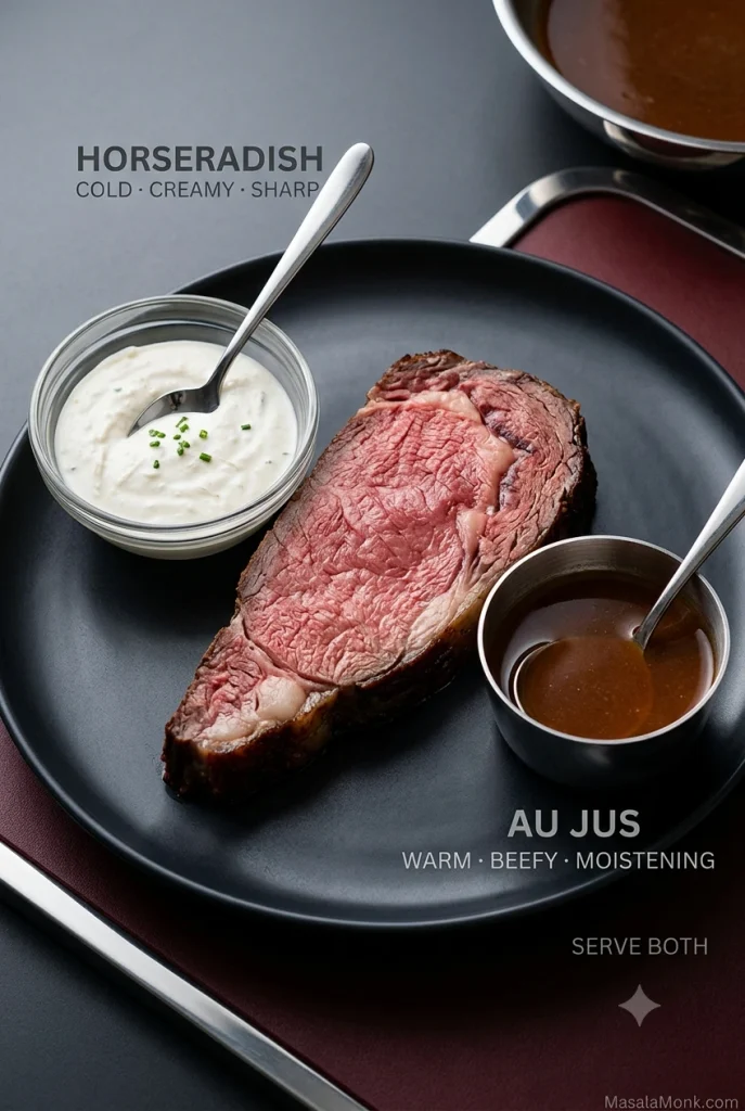 Slice of prime rib served with a bowl of creamy horseradish sauce and a small vessel of brown au jus.