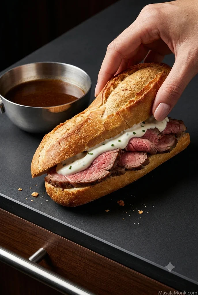 Prime rib French dip sandwich with creamy horseradish sauce beside a small cup of au jus.