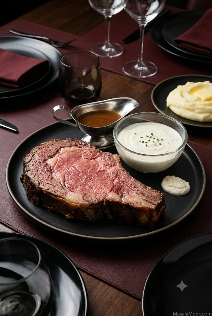 Sliced medium-rare prime rib served with creamy horseradish sauce, au jus, and side dishes on a dark modern table.