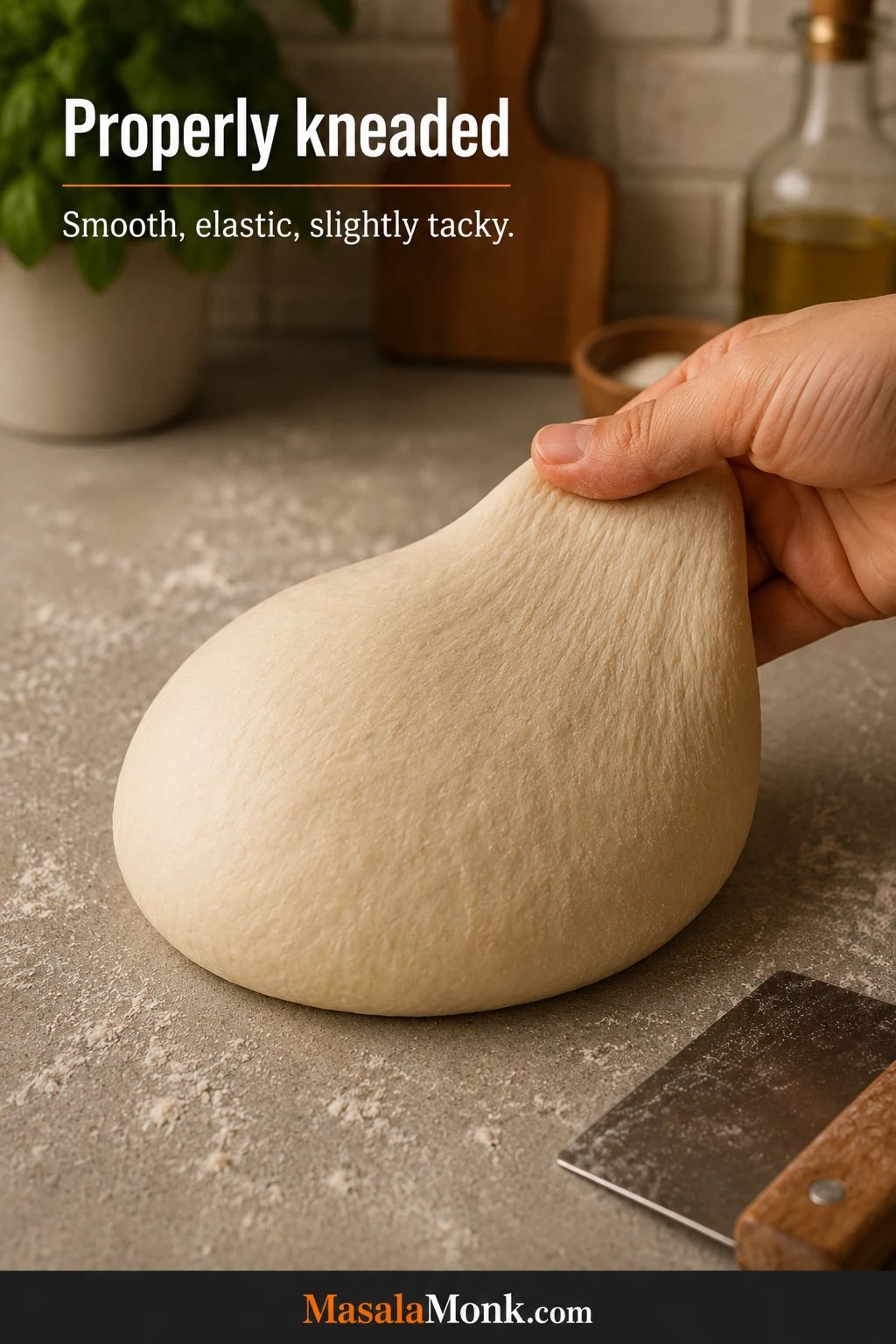Smooth elastic pizza dough being gently pressed and stretched by clean hands, with a cohesive surface and slight tackiness.