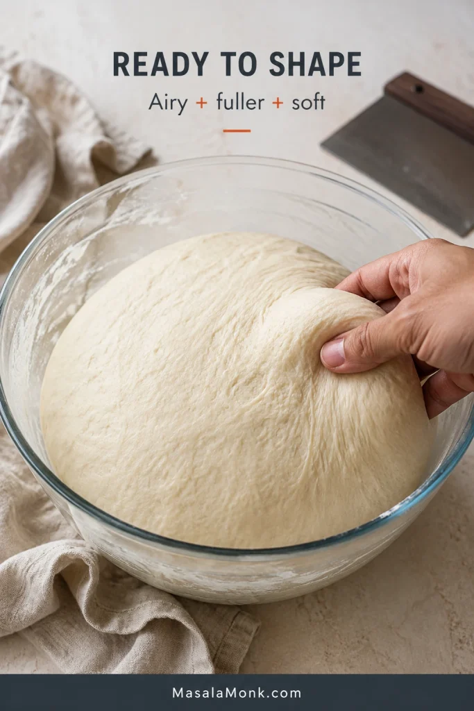 Risen Greek pita dough in a mixing bowl, visibly fuller and softly domed, with a hand gently touching the airy dough.
