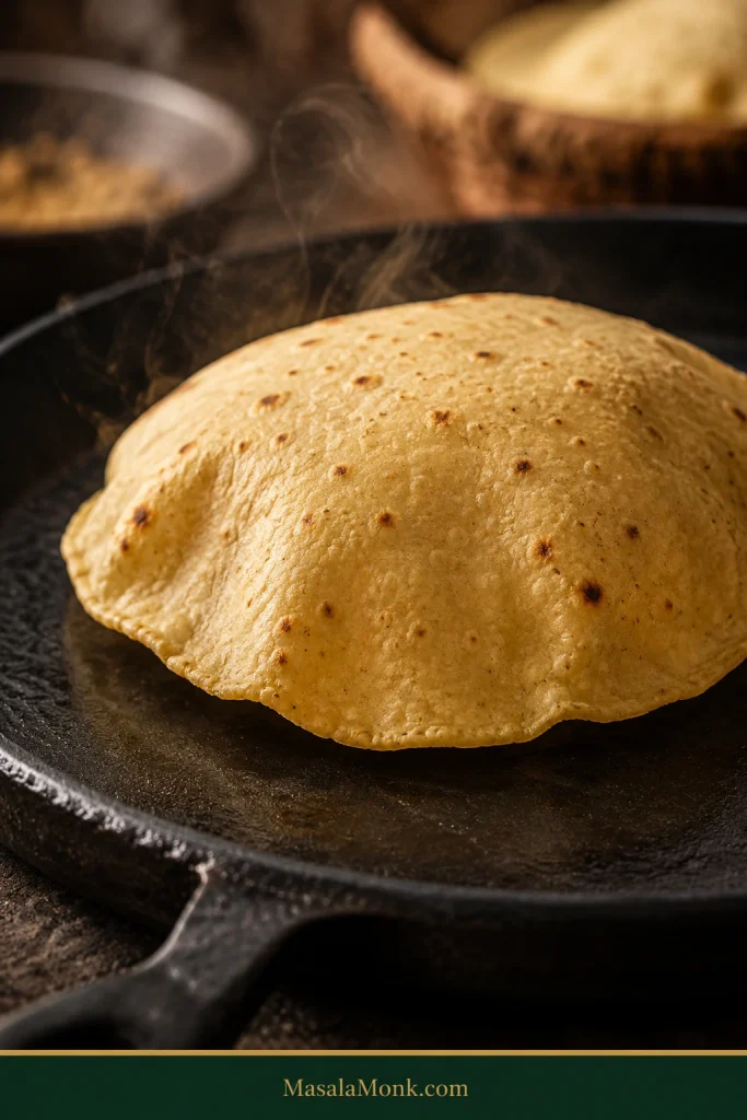 Corn tortilla inflated into a large steam pocket while cooking on a dark cast-iron skillet.