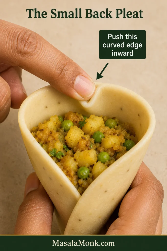 Finger pressing a small section of the curved back edge inward on a filled samosa cone to form the back pleat.