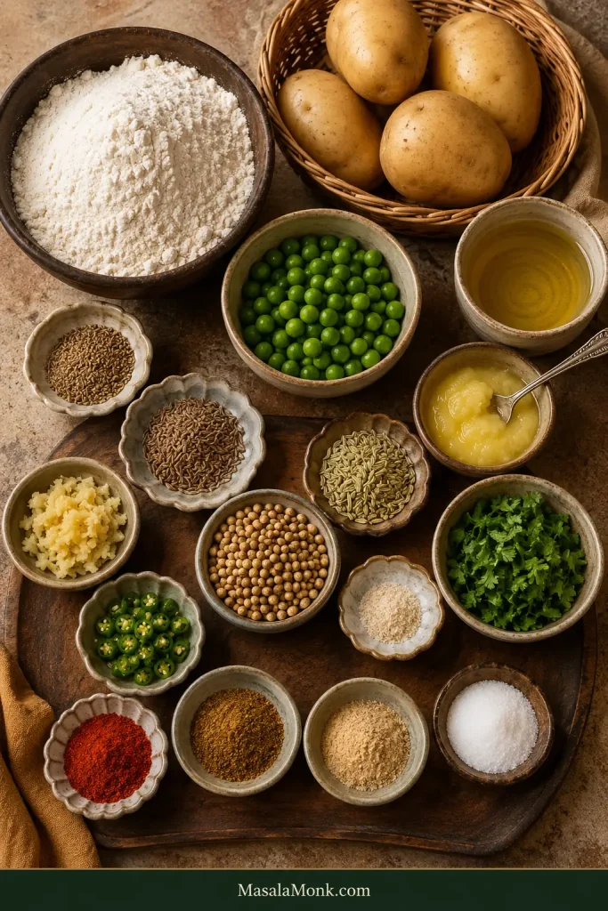 Ingredients for Punjabi potato samosas arranged on a work surface, including flour, potatoes, peas, spices, ginger, green chilli, ghee and oil.