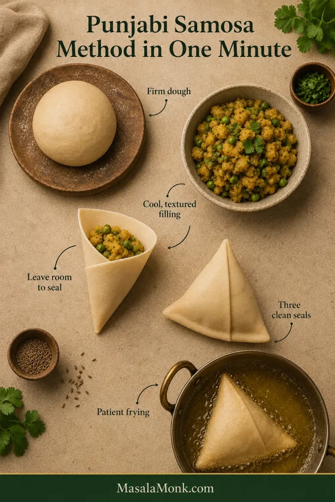 Punjabi samosa process overview showing firm dough, textured potato filling, a filled cone, a sealed raw samosa and gentle frying.
