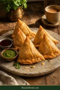 Five golden handmade Punjabi samosas served with green chutney, tamarind chutney and chai on a rustic wooden table.