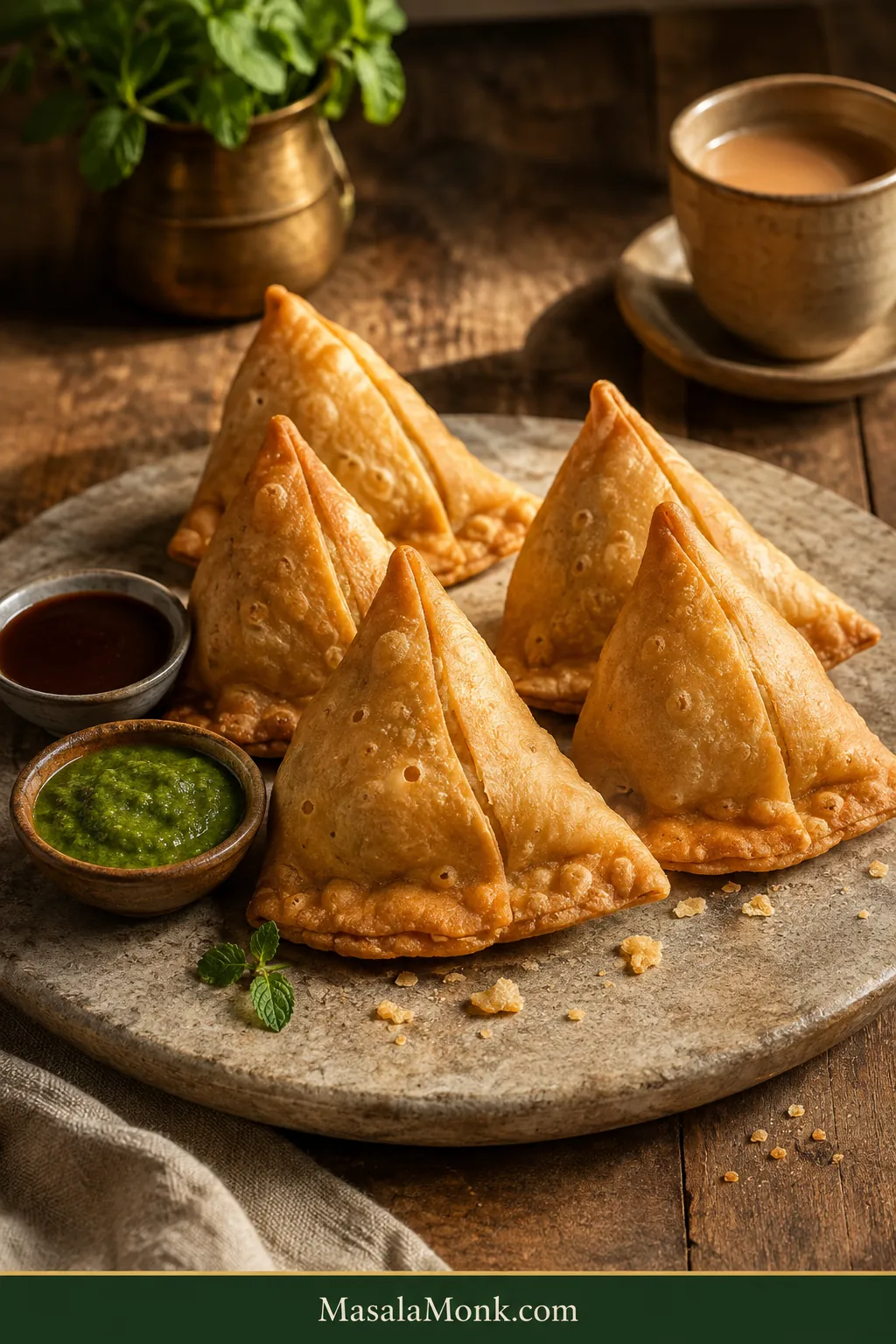 Five golden handmade Punjabi samosas served with green chutney, tamarind chutney and chai on a rustic wooden table.