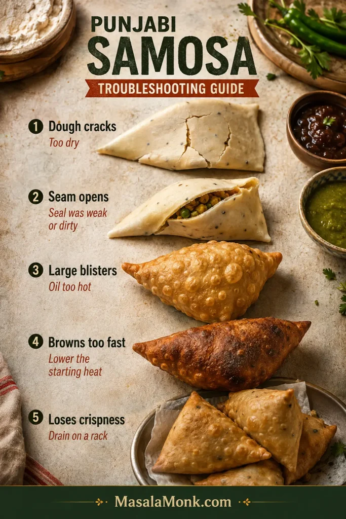 Punjabi samosa troubleshooting guide showing cracked dough, an opening seam, large blisters, overly fast browning and loss of crispness after frying.