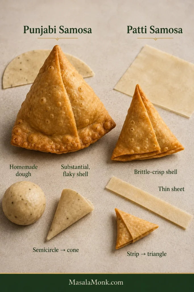 Side-by-side comparison of a large Punjabi samosa with substantial homemade pastry and a smaller patti samosa made from a thin folded sheet.