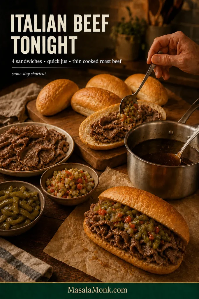 Same-day Italian beef setup with thin cooked roast beef, rolls, quick jus, peppers, giardiniera and a finished sandwich.