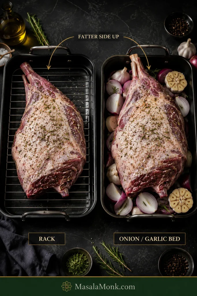 Two raw seasoned lamb legs, one on a roasting rack and one on onions and garlic, both positioned with the fattier side up.