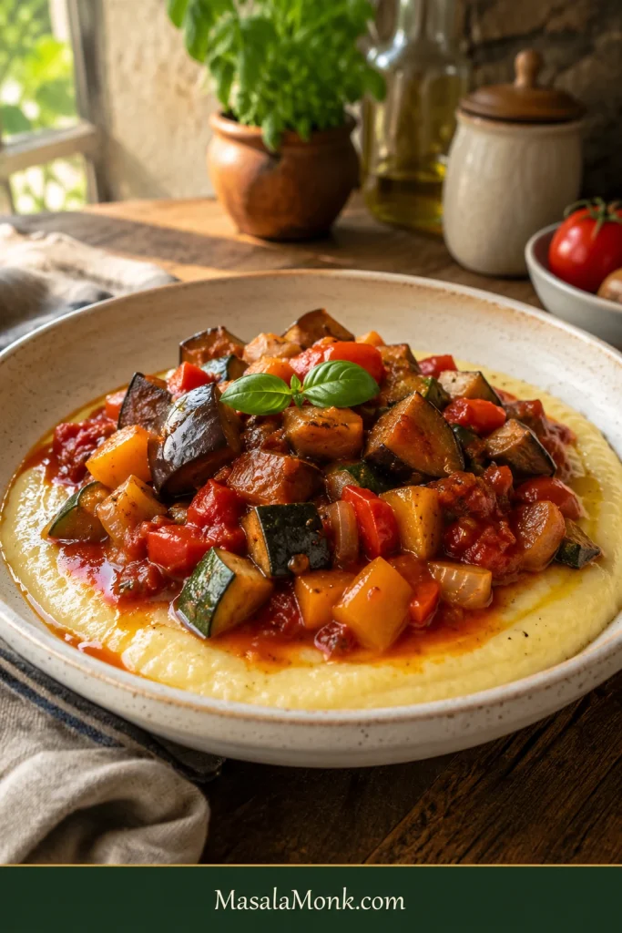 Chunky ratatouille spooned over pale creamy polenta in a shallow ceramic bowl and finished with basil.