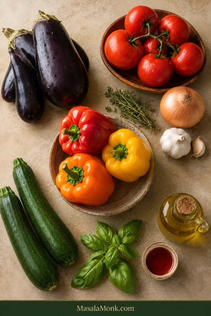 Eggplant, zucchini, bell peppers, tomatoes, onion, garlic, basil, thyme and olive oil arranged on a neutral work surface.