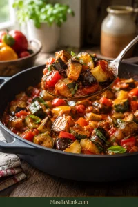 Finished classic ratatouille in a wide dark pan, with a serving spoon lifting chunks of eggplant, zucchini and bell pepper coated in thick tomato sauce.