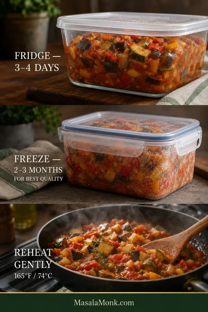 Three-part guide showing ratatouille refrigerated in a covered container, frozen in an airtight container and gently reheated in a pan, with storage times and 165°F or 74°C reheating guidance.