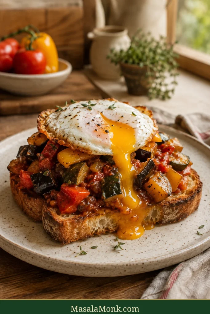 Thick crisp toast topped with chunky ratatouille and a fried egg, with runny golden yolk flowing over the vegetables.