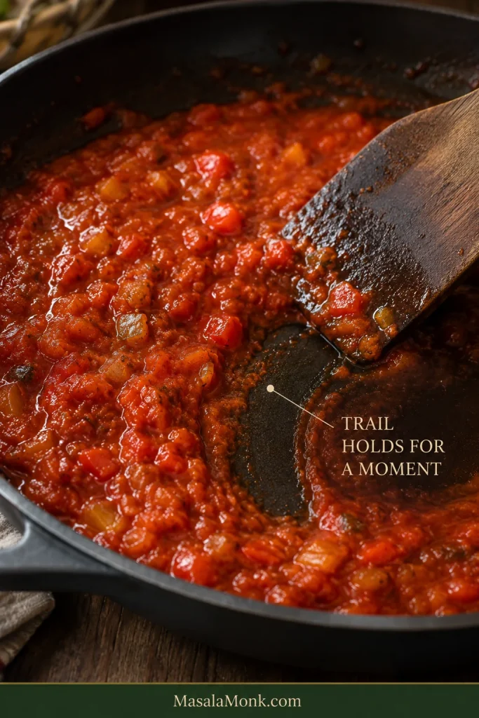 Reduced tomato base in a dark pan with a spatula dragged through the center, leaving a visible trail.