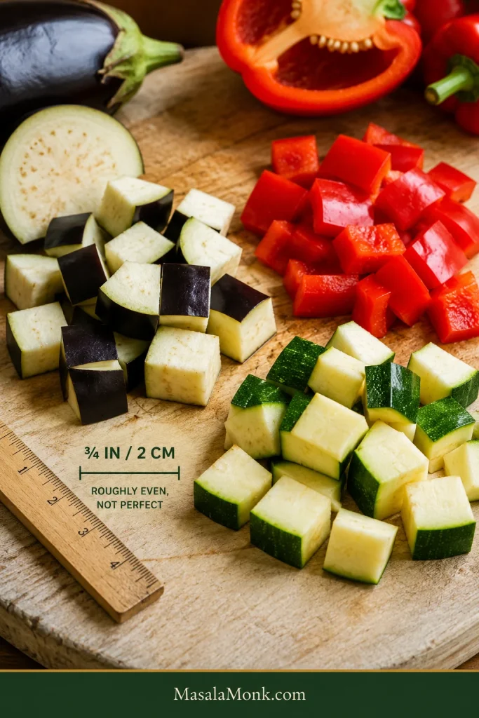 Eggplant, zucchini and bell pepper cut into roughly 2-centimeter chunks beside a ruler and 3/4-inch measurement guide.