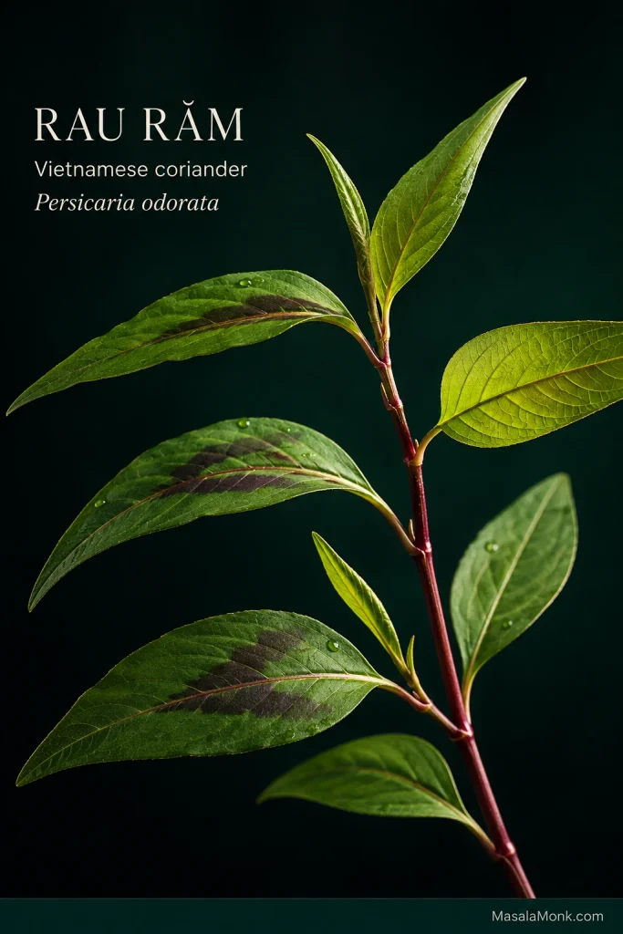 Rau răm, or Vietnamese coriander, shown as a leafy stem with narrow pointed green leaves, reddish-purple stems and dark markings on several leaves; text identifies it as Persicaria odorata.