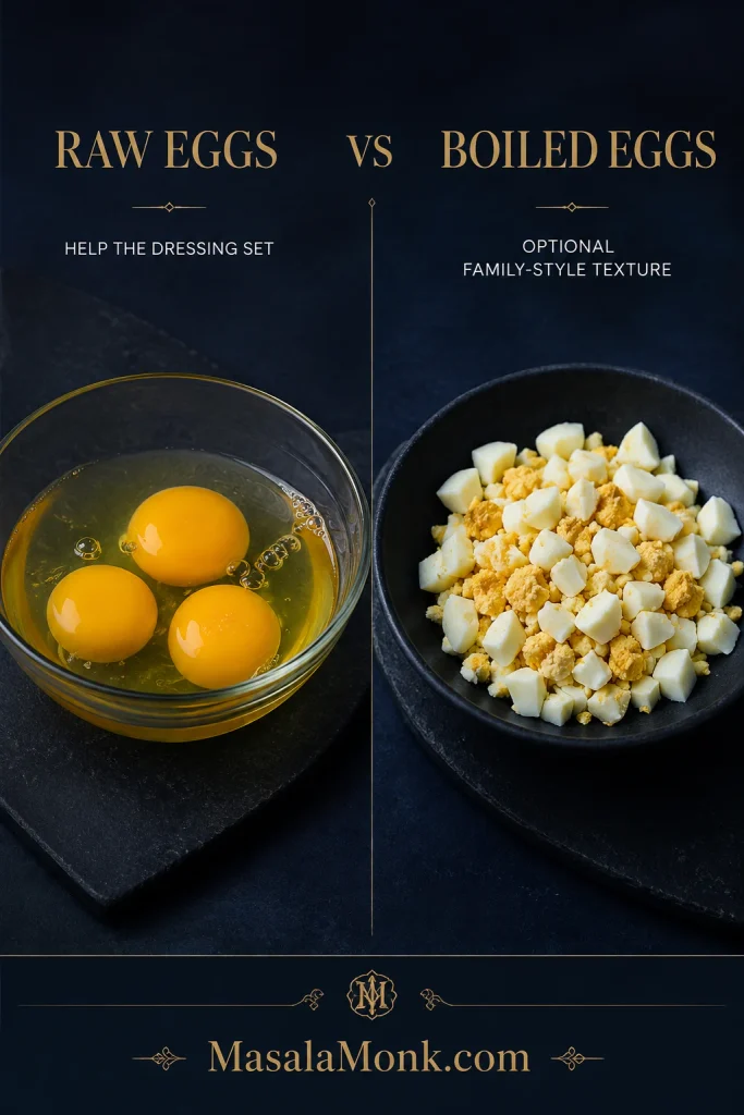 Raw eggs in a glass bowl are labeled as helping dressing set, while chopped hard-boiled eggs are shown as an optional family-style texture addition.