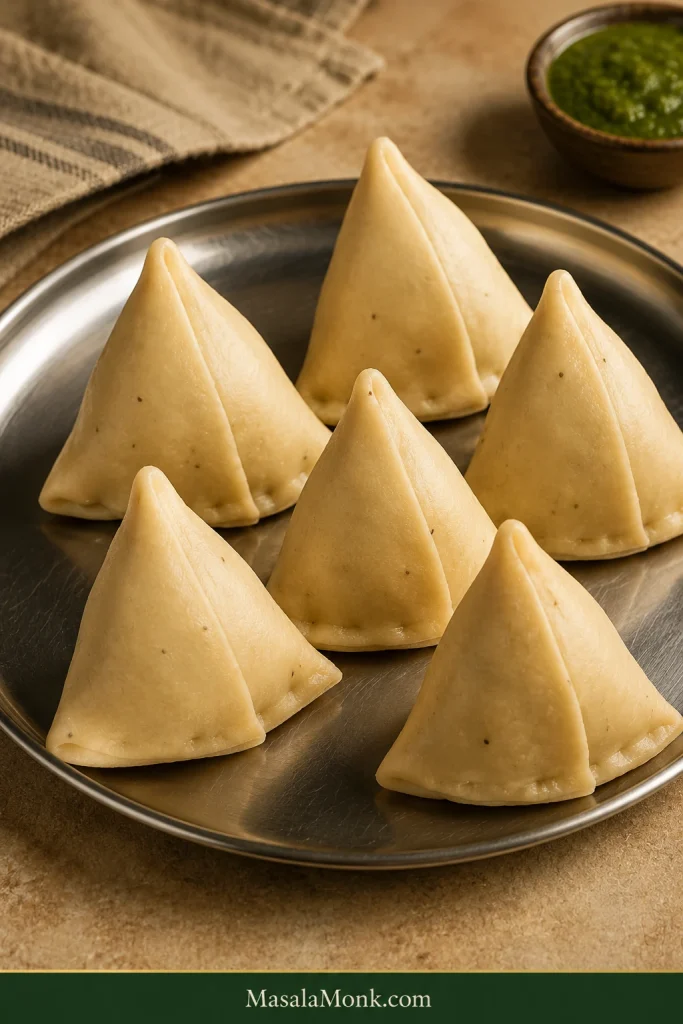 Six pale uncooked Punjabi samosas with slightly varied handmade shapes arranged on a metal plate before frying.