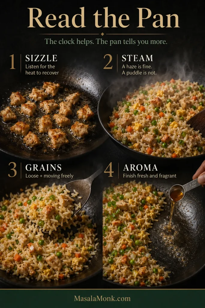 Four-part fried-rice guide showing active sizzling, normal steam without pooled water, loose moving rice grains, and a final aromatic Shaoxing finish.