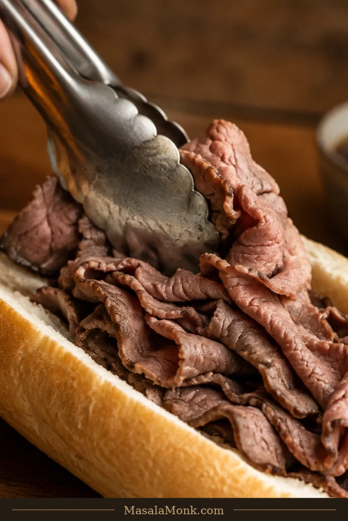 Tongs lifting thin folded roast beef from hot brown au jus, with liquid dripping back into the saucepan.