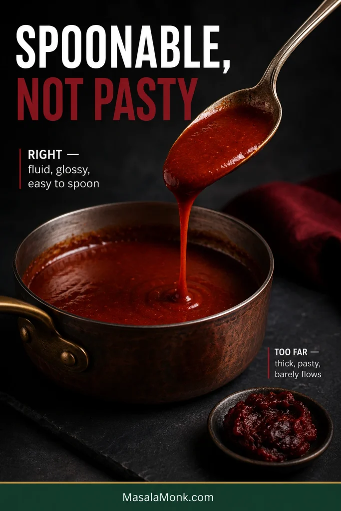 Correct red chile sauce flowing easily from a spoon beside a smaller example of over-reduced sauce that is thick and pasty.