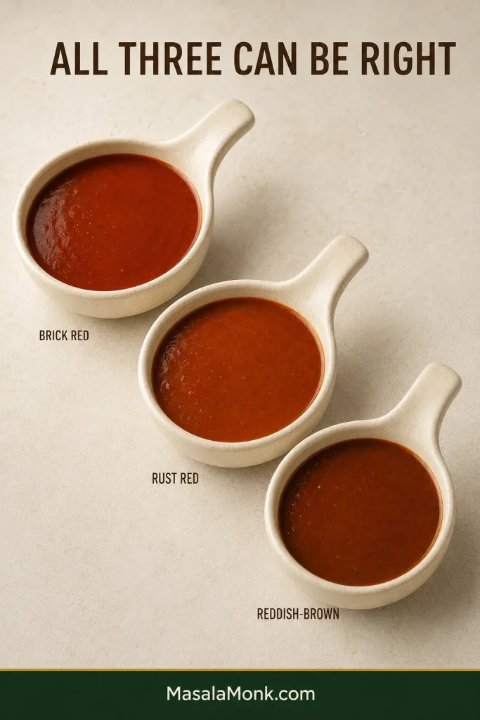 Three samples of smooth enchilada sauce displayed side by side in brick red, rust red and reddish-brown shades.