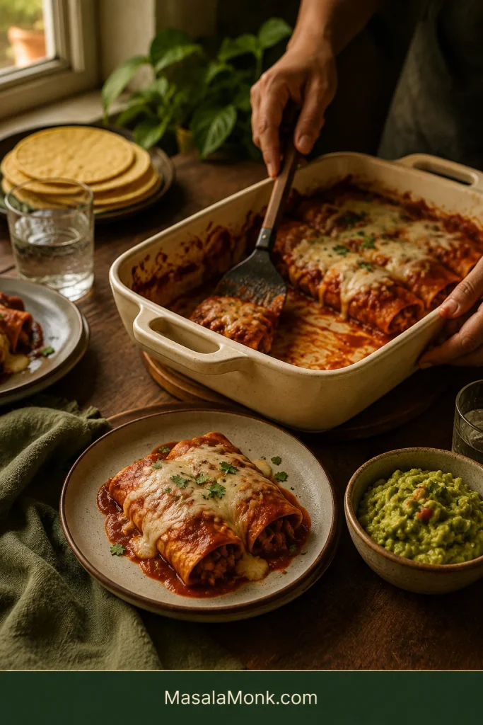 Partly served baking dish of cheesy red enchiladas on a dinner table with one plated serving, guacamole, tortillas, glasses and hands serving another enchilada.