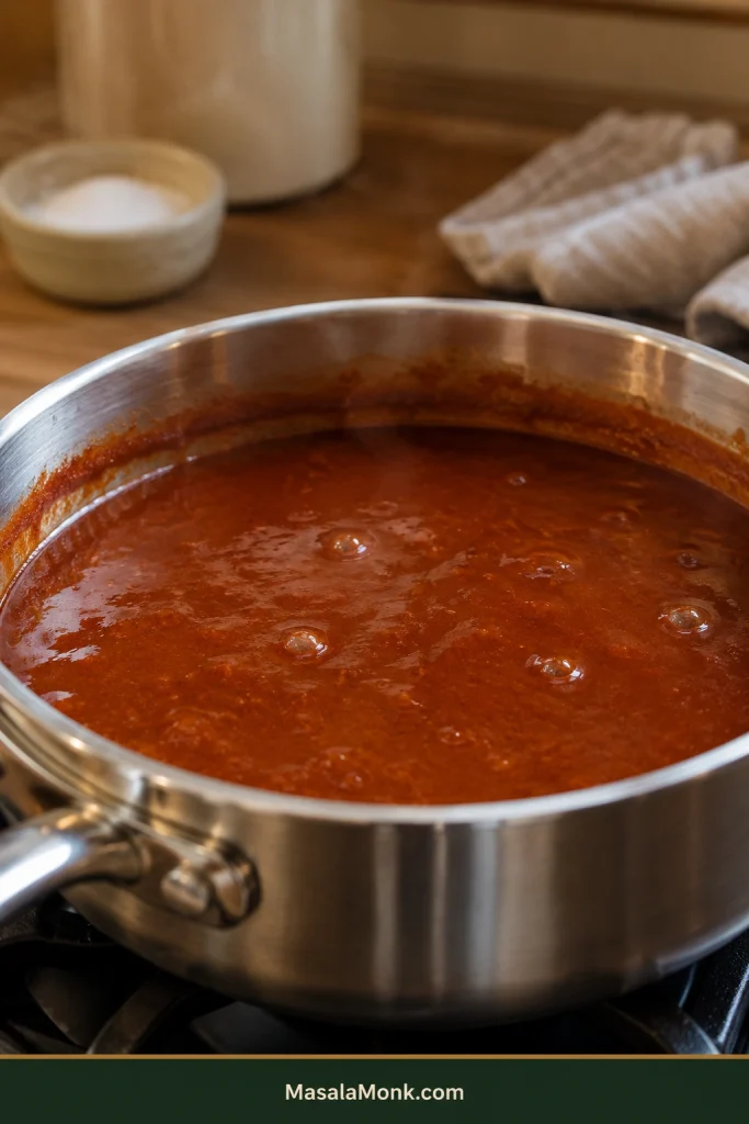 Smooth rust-red enchilada sauce gently simmering in a stainless-steel saucepan with a few small bubbles breaking at the surface.
