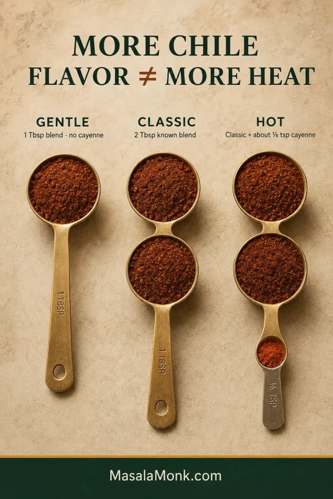 Three heat levels for red enchilada sauce: Gentle with 1 tablespoon chili powder blend, Classic with 2 tablespoons, and Hot with the Classic amount plus about 1/8 teaspoon cayenne.