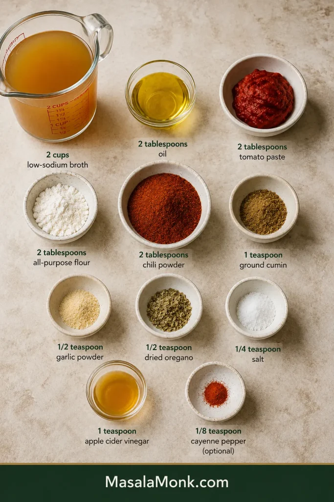 Overhead arrangement of broth, oil, tomato paste, flour, chili powder, cumin, garlic powder, oregano, salt, apple cider vinegar and cayenne.