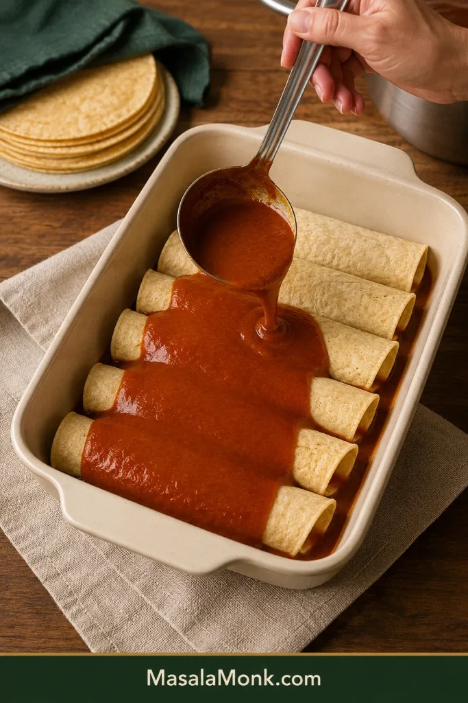 Red enchilada sauce being spooned over rolled corn tortillas in a cream baking dish, with the individual tortilla rolls still visible.