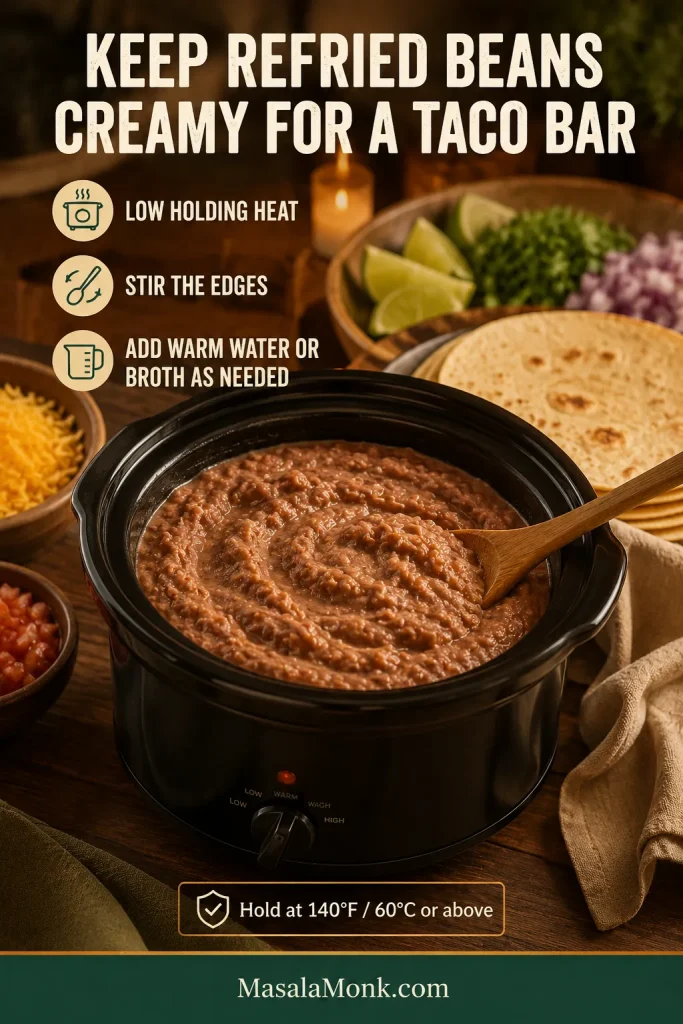 Creamy refried beans in a slow cooker at a taco bar with tortillas and toppings arranged nearby.