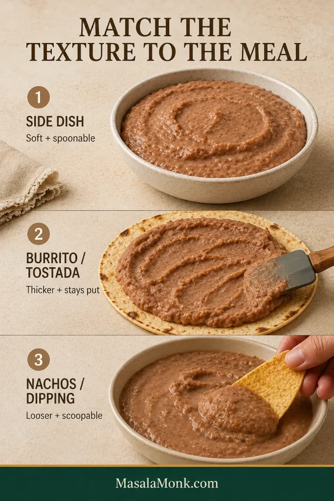 Three examples show soft refried beans as a side, thicker beans spread on a tortilla, and looser beans scooped with a tortilla chip.