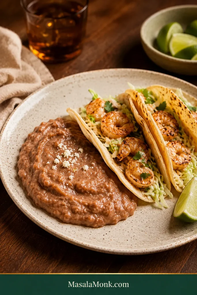 Creamy refried beans served beside shrimp tacos with cabbage slaw and lime wedges on a neutral ceramic plate.