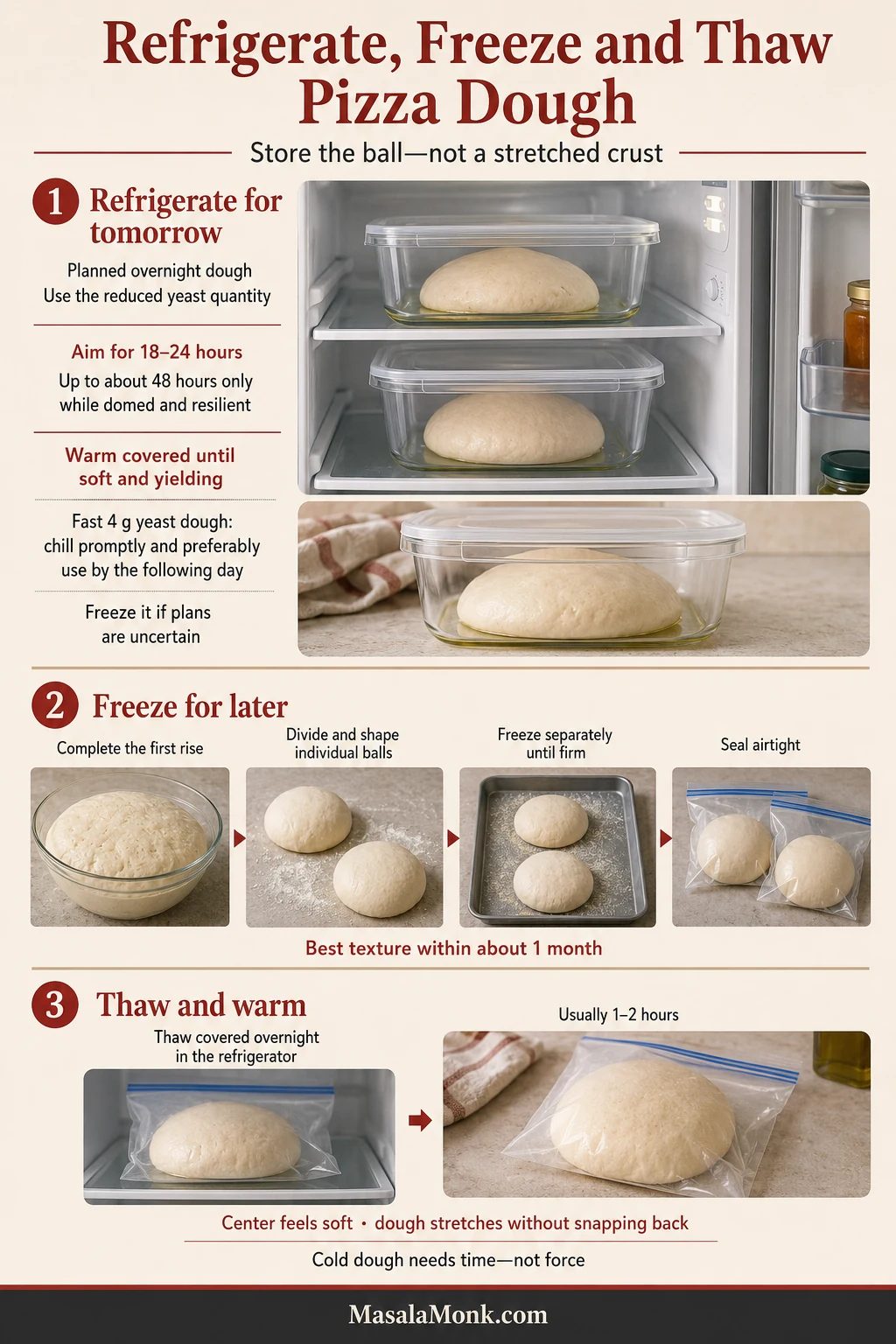 Pizza dough storage timeline showing covered balls in a refrigerator, separate balls being frozen and sealed, and one ball thawing before use.