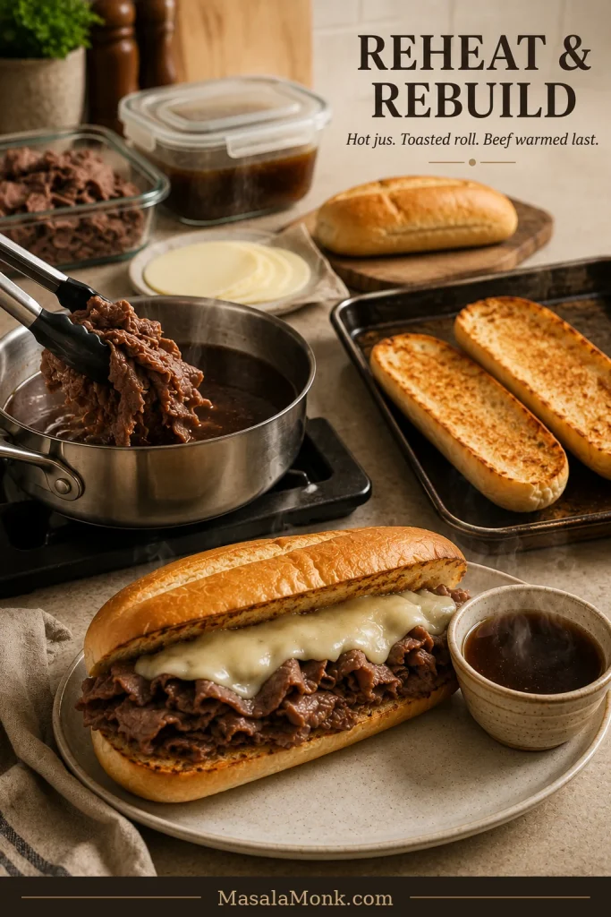 Continuous kitchen scene showing stored roast beef and jus, thin beef warming gently with hot jus, rolls toasting separately and a rebuilt French dip sandwich in the foreground.