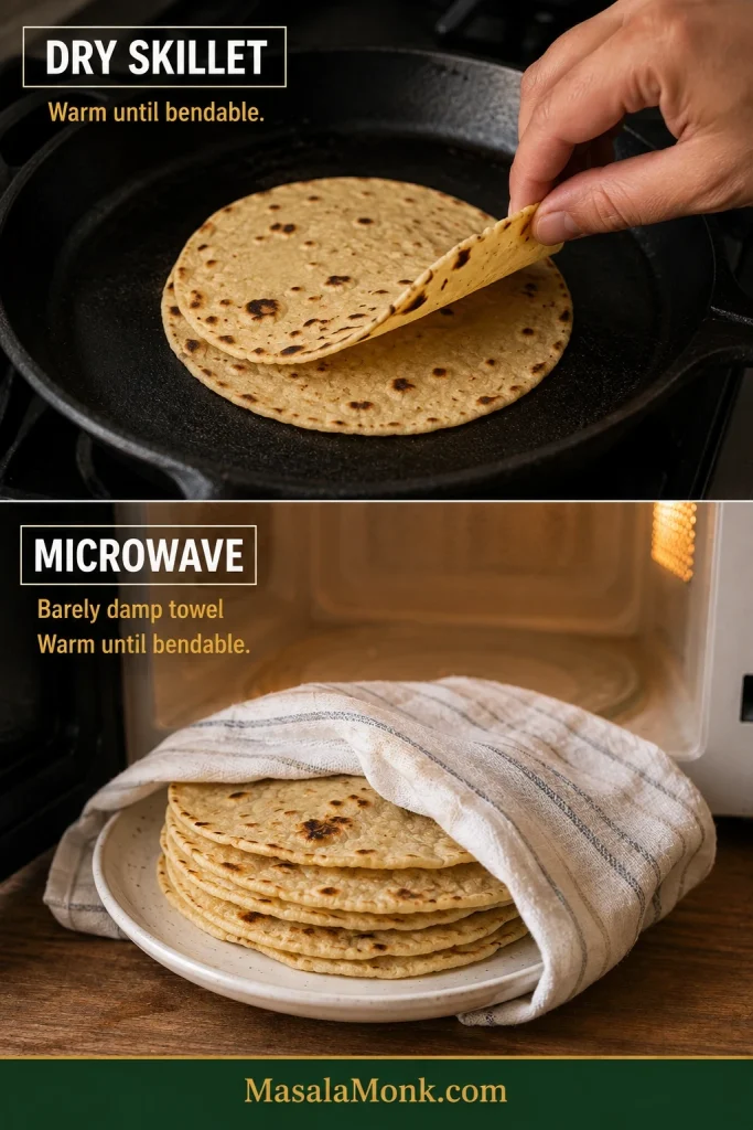 Split reheating guide showing a corn tortilla warming on a dry cast-iron skillet and a tortilla stack covered with a barely damp towel beside a microwave.