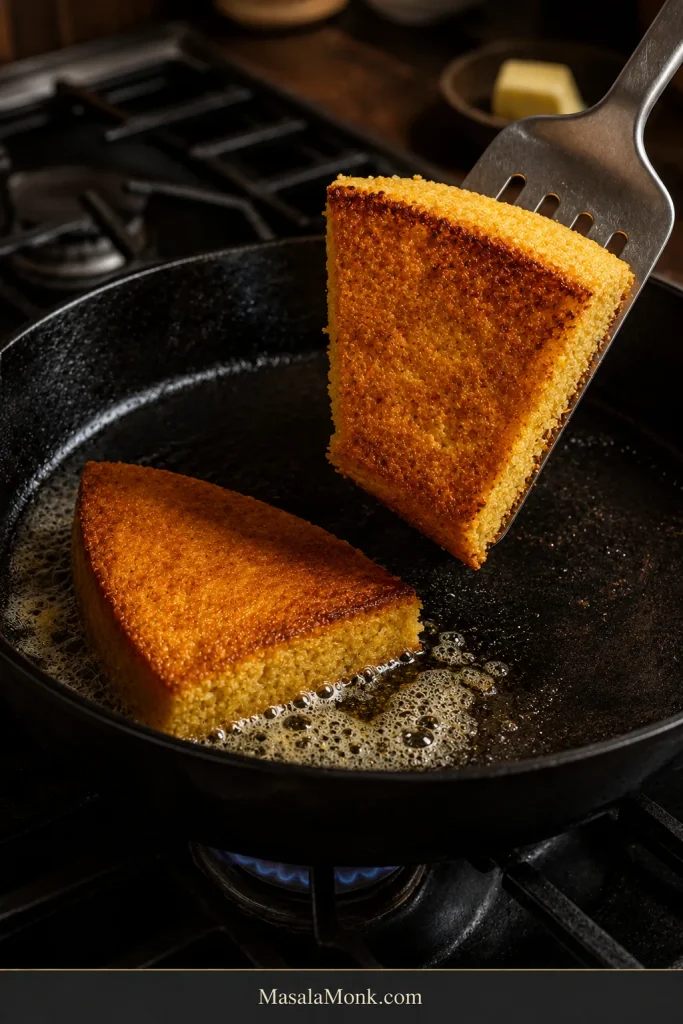 Cornbread pieces toasting in butter in a cast-iron skillet, with one wedge lifted to show a newly browned flat cut surface.