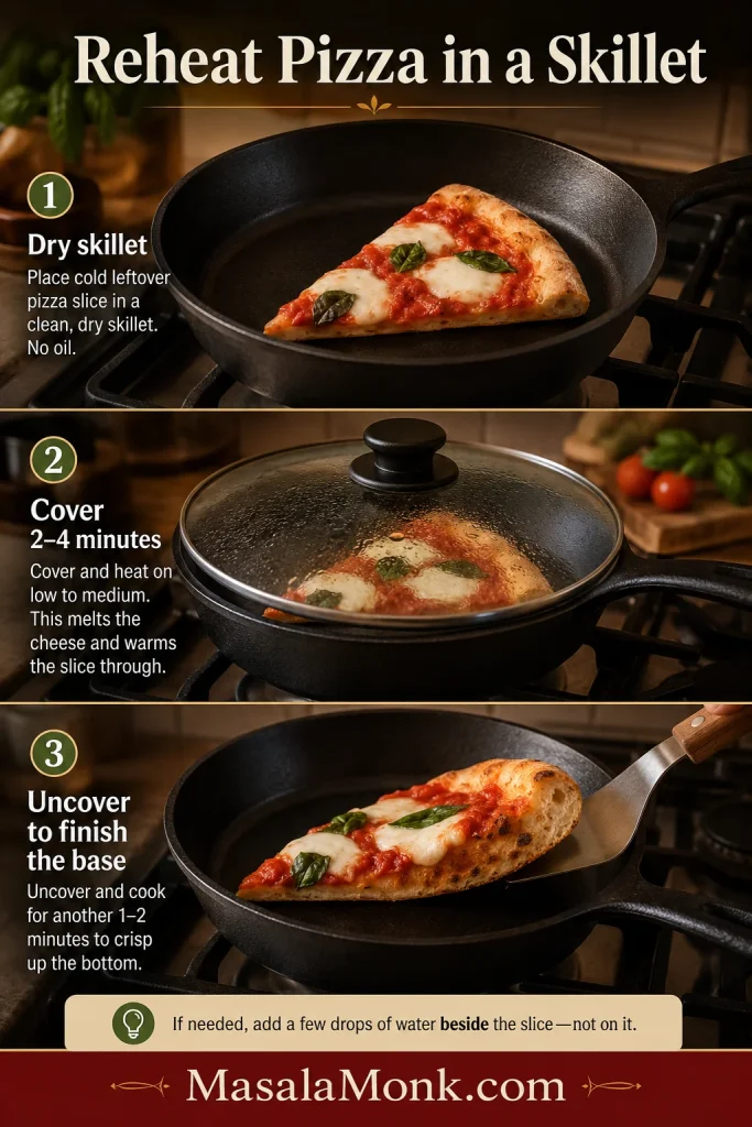 Three-stage guide showing a leftover Margherita pizza slice reheated in a dry skillet, first uncovered, then covered and finally uncovered again.