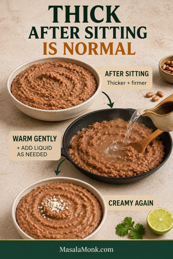 Firm refried beans after sitting are reheated with added liquid and shown again after returning to a softer creamy consistency.