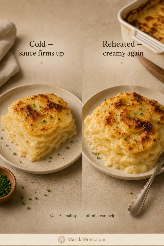 Cold firm serving of scalloped potatoes compared with a warm reheated serving with softer layers and creamier sauce.