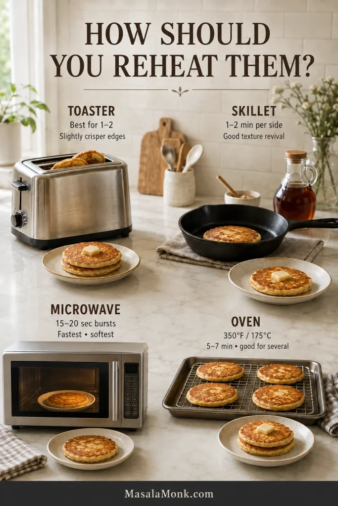 Reheating guide showing a toaster for 1 to 2 pancakes, skillet for 1 to 2 minutes per side, microwave in 15 to 20 second bursts, and oven at 350 degrees Fahrenheit or 175 degrees Celsius for 5 to 7 minutes.