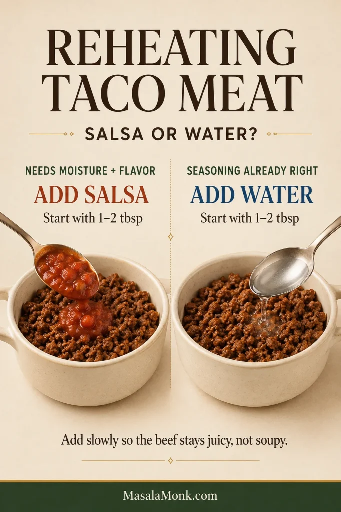 Two matching bowls of taco meat show thick salsa being added when more flavor and moisture are needed and plain water being added when the seasoning is already right.