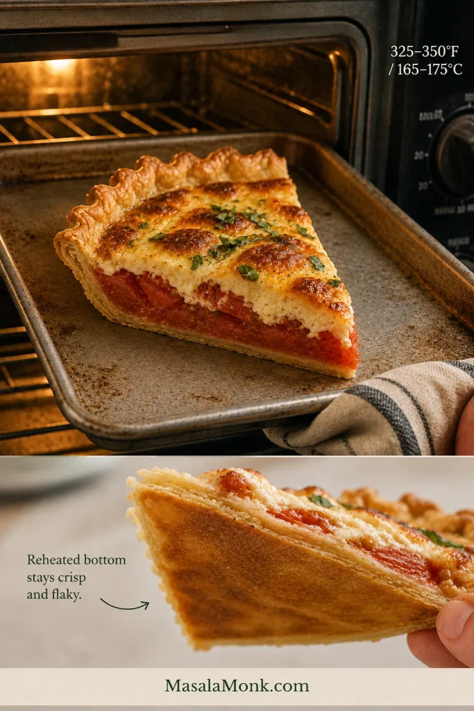 Leftover tomato pie wedge reheating on a metal sheet pan in the oven, with a close view of the thin golden, crisp pastry on the underside.