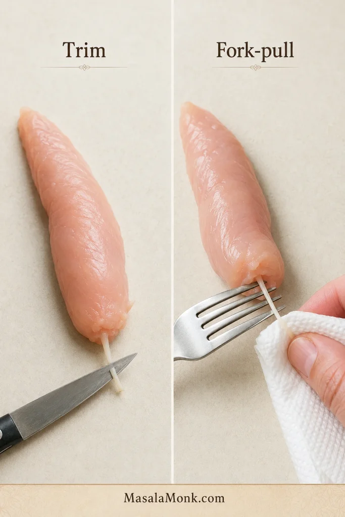 Two-panel guide showing a white tendon trimmed from a raw chicken tenderloin and pulled through fork tines with a paper towel.