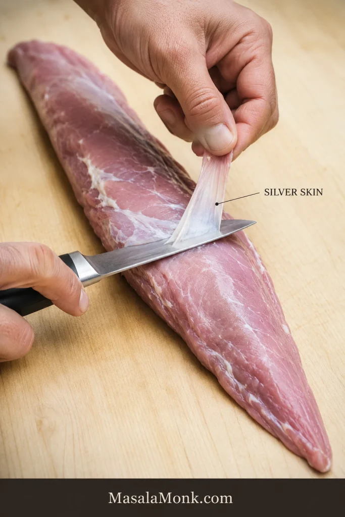 Hands trimming shiny silver skin from a raw tapered pork tenderloin with a knife angled beneath the membrane.
